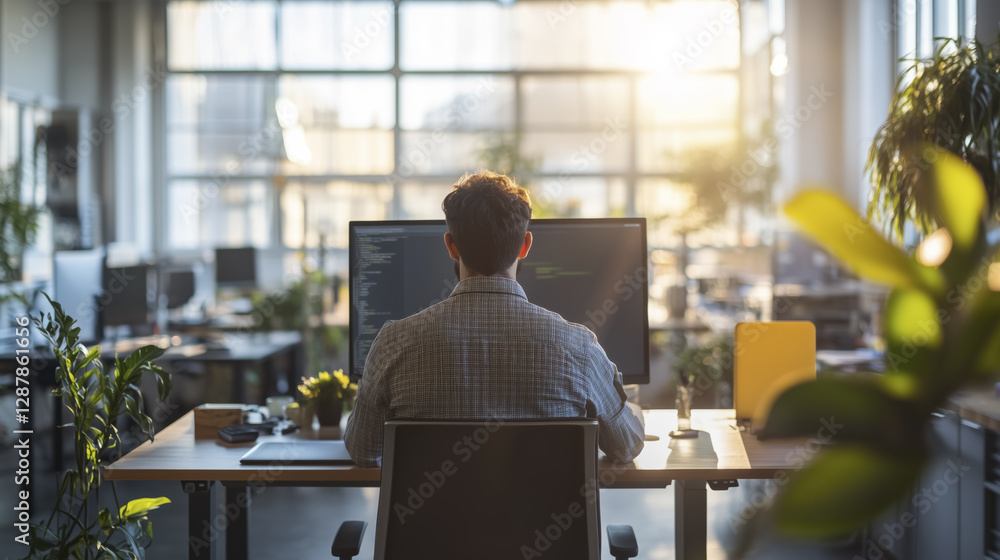Poster man working at computer in modern office filled with natural light and plants, creating serene and p