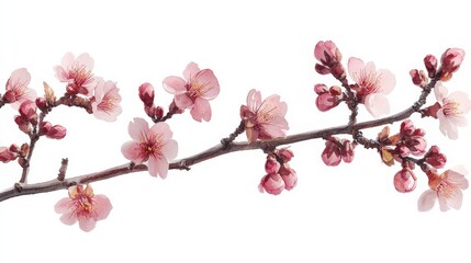 A delicate cherry blossom branch with pink flowers and buds against a white background.