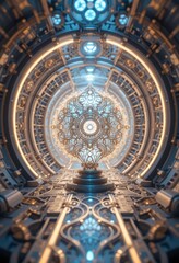 Obraz premium Intricate Golden Ornament in a Futuristic Metal Corridor Sci fi Architectural Design