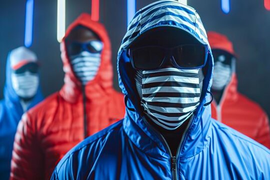Group of young african males in colorful hooded jackets with masks and sunglasses