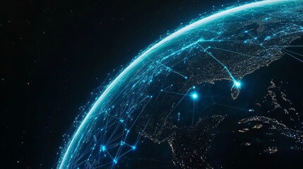 A photograph of the Earth with glowing blue lines connecting various points across