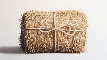 Bundle of straw tied with twine on a white background, simple natural packaging. Rustic and organic material concept