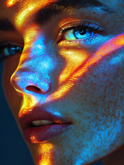 Naklejka premium Unique portrait capturing colorful light on a face