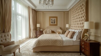A luxurious and elegantly designed bedroom featuring a plush bed, soft lighting, and tasteful decor, creating a warm and inviting atmosphere.