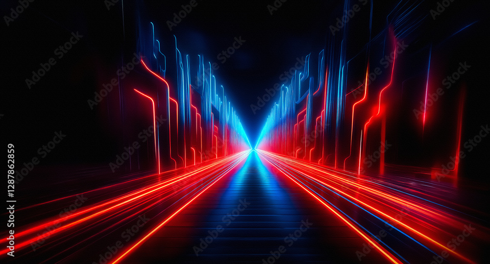 Poster a dark tunnel is illuminated with striking red and blue neon lines, creating a sense of depth and mo