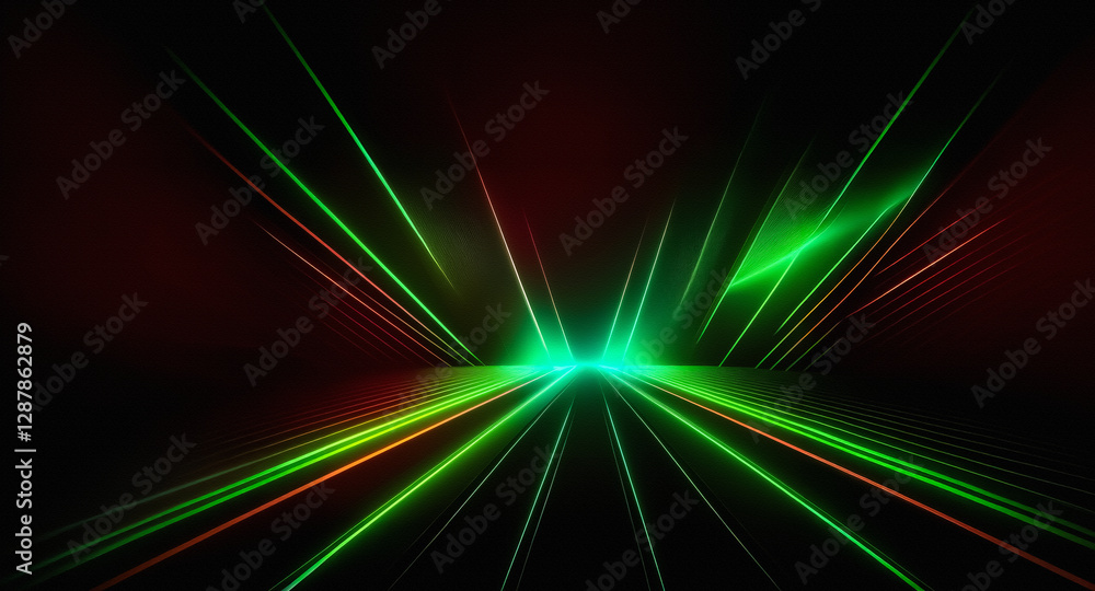 Poster vibrant green and red light rays burst forth from a central point against a dark backdrop, creating 