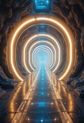 Futuristic Sci Fi Tunnel Corridor with Orange and Blue Neon Lights Glowing Brightly