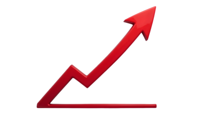 A minimalist red upward arrow graph with a smooth rising curve, symbolizing improvement and achievement, cut out and isolated on a transparent background.
