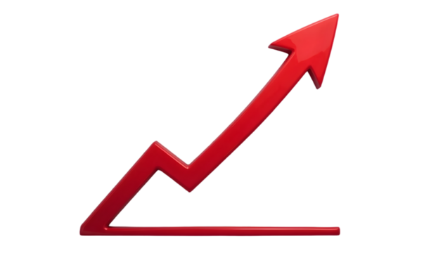 A minimalist red upward arrow graph with a smooth rising curve, symbolizing improvement and achievement, cut out and isolated on a transparent background.
