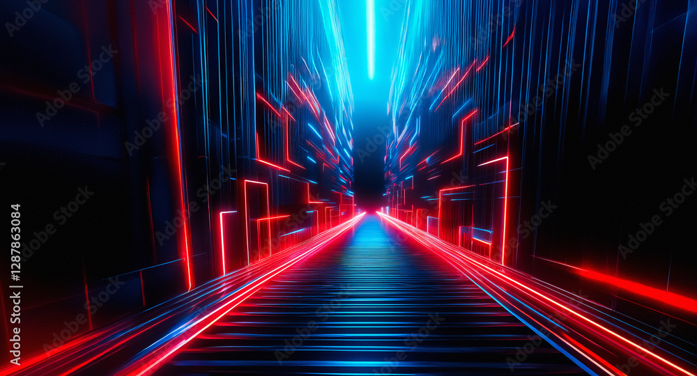 Poster futuristic tunnel illuminated with vibrant neon lights. red and blue glowing lines create abstract g