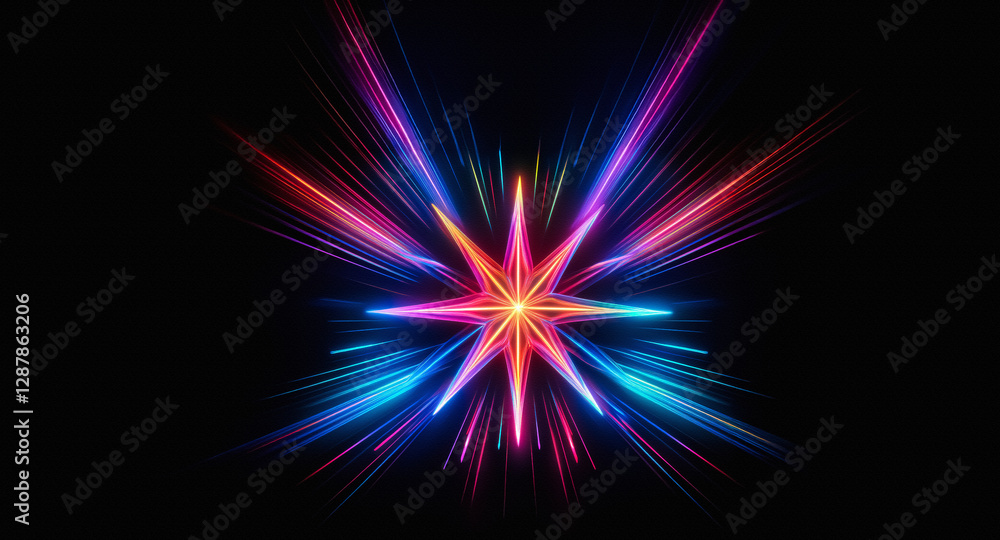 Poster Vibrant starburst of colorful light streaks against a dark backdrop. Rays emanate from a central point, creating an abstract and dynamic design with a futuristic and energetic feel.