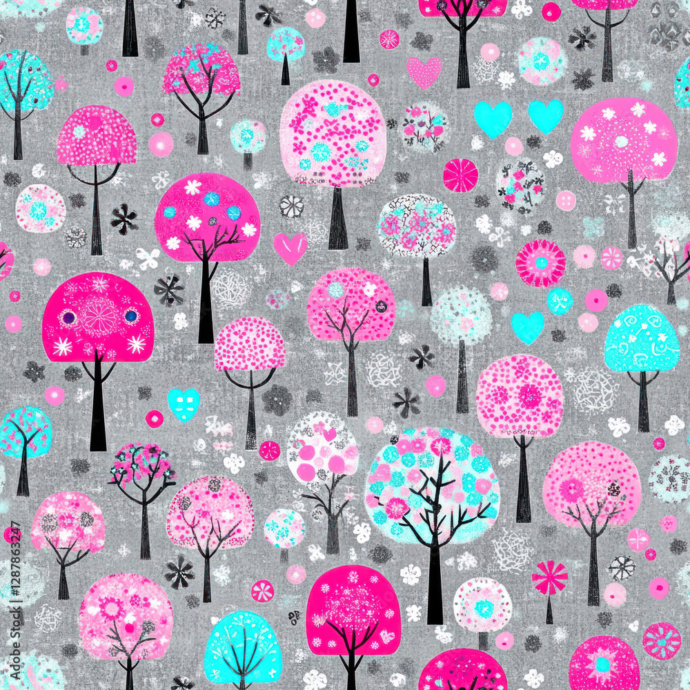 Poster playful trees in a forest. pink and turquoise on gray background. seamless repeat pattern
