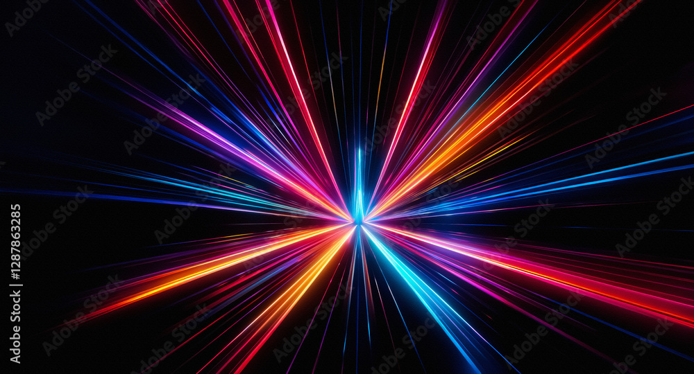 Poster colorful rays of light burst from a central point in darkness, creating a dynamic and energetic abst
