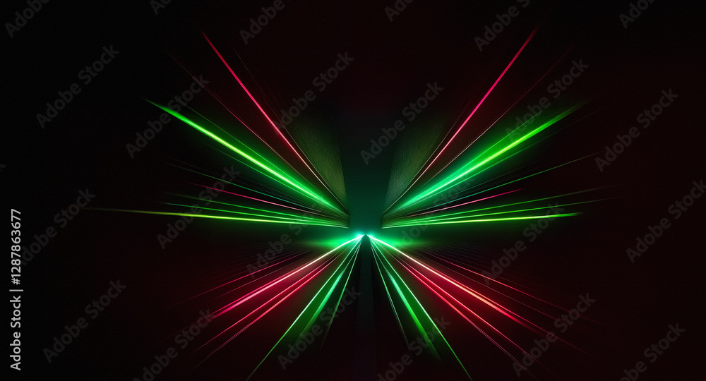 Poster abstract symmetrical design with vibrant green and red light rays radiates from a central point on a