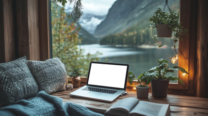 cozy remote work setup with laptop and open book by window overlooking serene lake and mountains, surrounded by plants and soft lighting, creating peaceful atmosphere