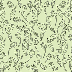 Fototapeta premium Seamless pattern outline tulips spring flower on green background. Botanical template Linear Hand Drawing. Vector illustration