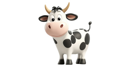 Cute cartoon cow with black spots standing cheerfully on a white background ready for playful adventures