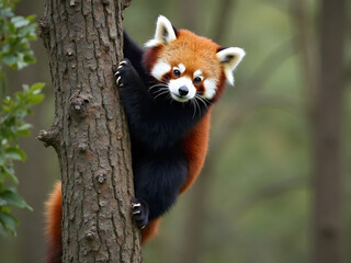 Red Panda Climbing a Tree: A determined red panda skillfully climbing a tall tree, its sharp claws gripping the rough bark as it moves upward.