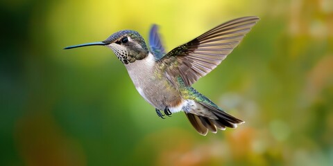 Fototapeta premium Hummingbird mid-flight, wings spread with delicate details.