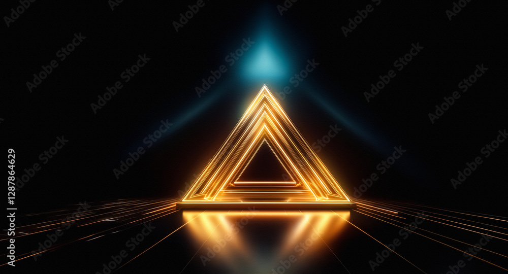 Poster golden triangle glows on a dark reflective surface. a blue light beam shines from behind, creating a