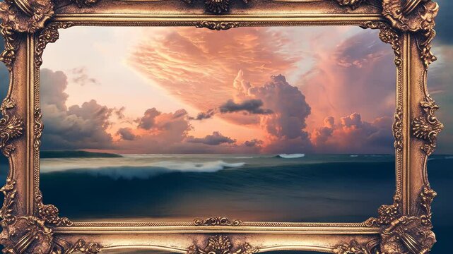 A Victorian era picture frame showcasing a stunning sunset above turbulent ocean waves, capturing the essence of nature's beauty during a tranquil evening