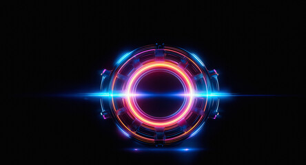 Glowing circle with blue and orange lights against a black backdrop. Abstract futuristic technology with vibrant neon illumination. A digital and modern design element.