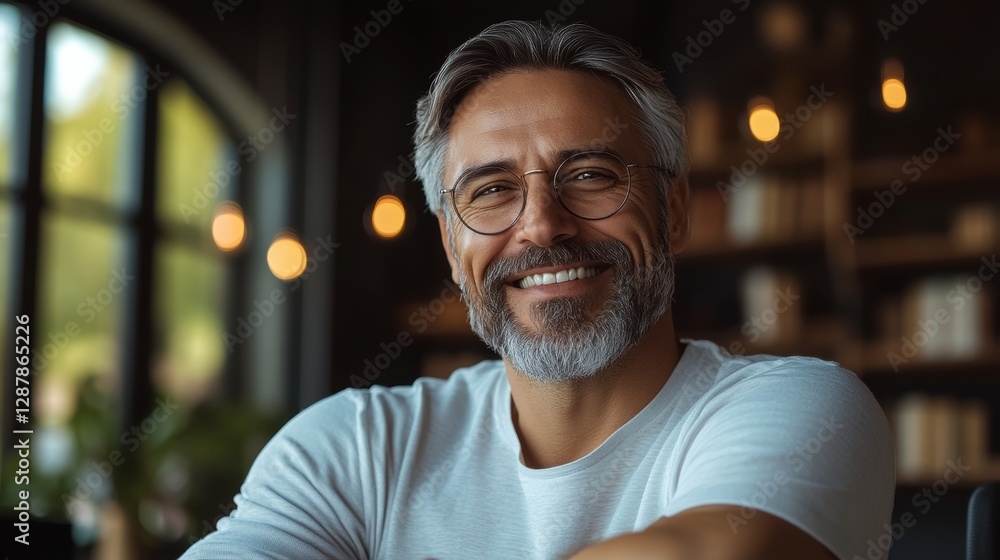 Poster man with glasses is smiling and sitting in front of a bookshelf. scene is happy and relaxed