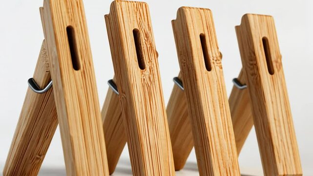 Close-up of wooden clothespins arranged in a row, showcasing their natural texture and design