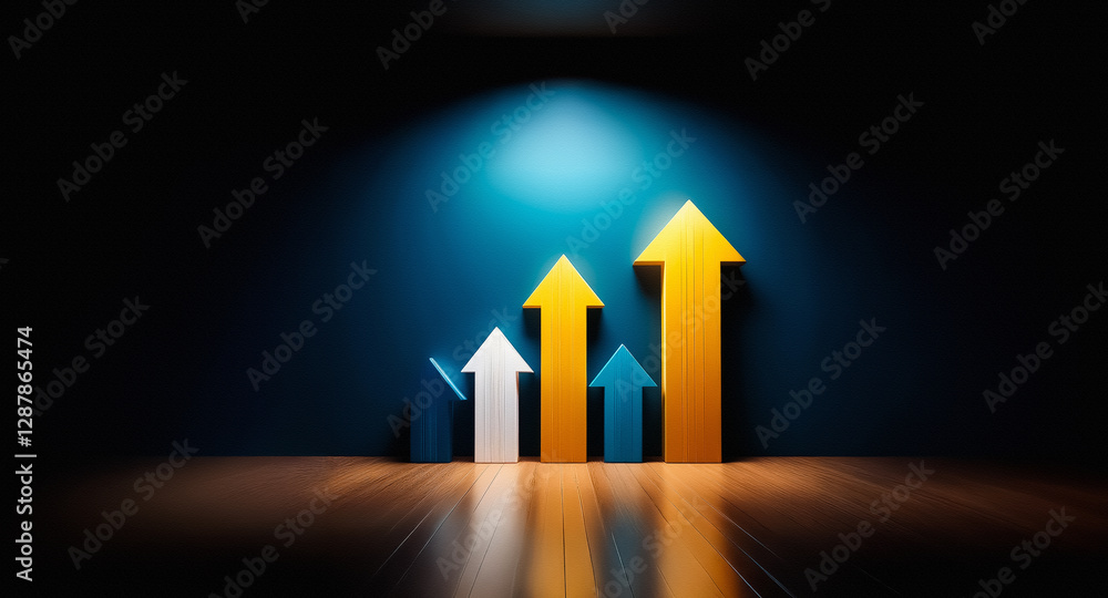 Poster four colorful arrows ascend in size, illuminated by a spotlight against a dark backdrop, symbolizing