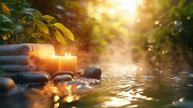 Warm steam curling over tranquil hot spring, bathed in golden sunset light, near folded towels, glowing candles, smooth stones, evoking peaceful wellness retreat ambiance