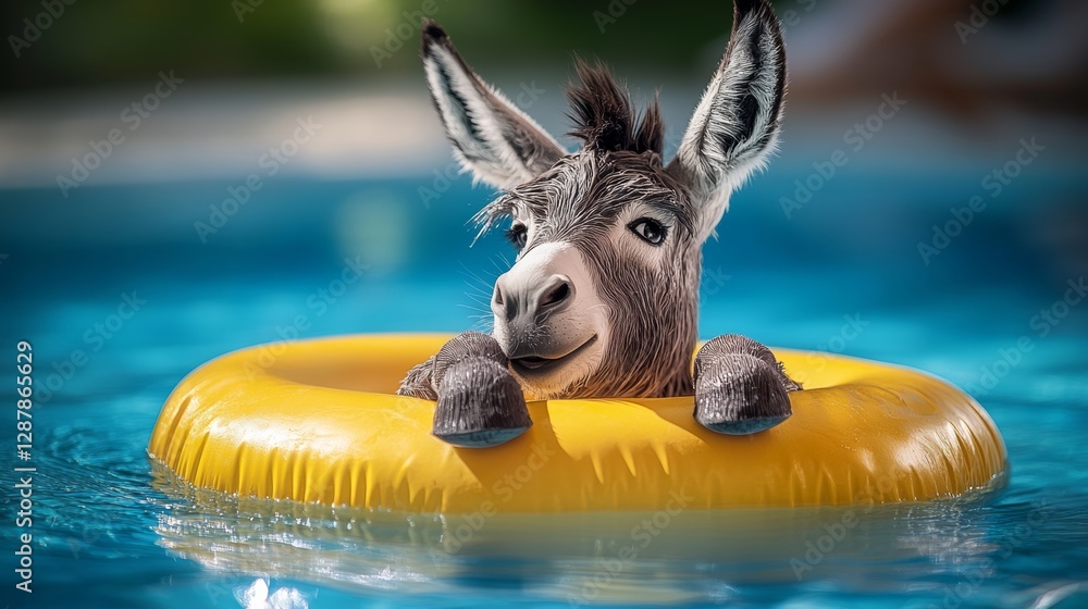 Poster donkey is in a yellow inflatable pool. the donkey is smiling and he is enjoying the water