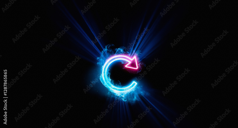 Poster glowing arrow with neon blue and pink light on a dark backdrop. rays of light emanate from the arrow