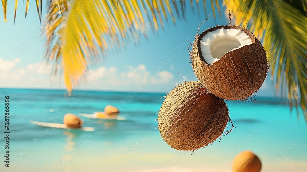 Poster two coconuts are floating in the ocean with the ocean in the background. the coconuts are open and t