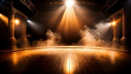 A dramatic background featuring a warm, smoky atmosphere illuminated by soft spotlights, creating an ideal setting for product display or theatrical presentations.