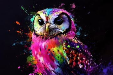 Obraz premium A vibrant, colorful owl depicted with splashes of paint against a dark background.