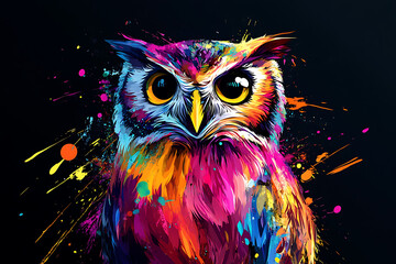 Obraz premium A vibrant, colorful owl illustration with splashes of paint, showcasing artistic expression.