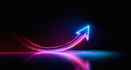Vibrant neon arrow curves upwards, glowing pink and blue on a dark background. Modern, bright, reflective, energetic, futuristic.
