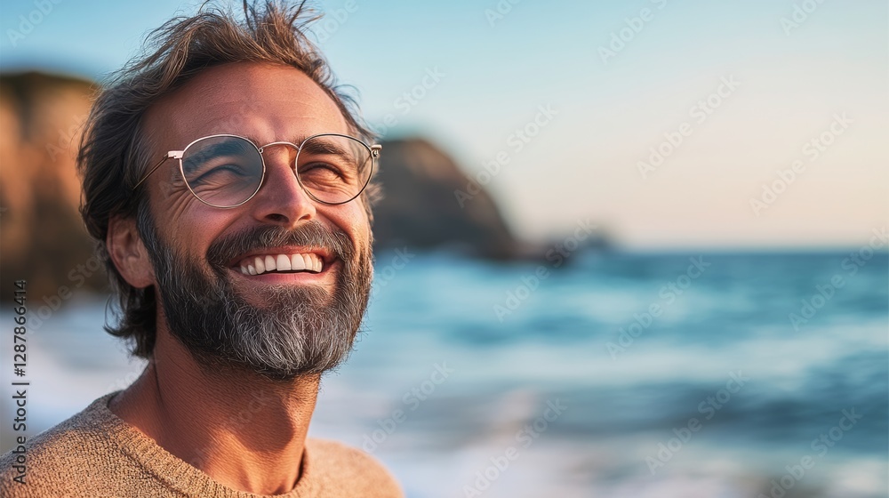 Poster man with glasses is smiling and looking out at the ocean. scene is happy and relaxed