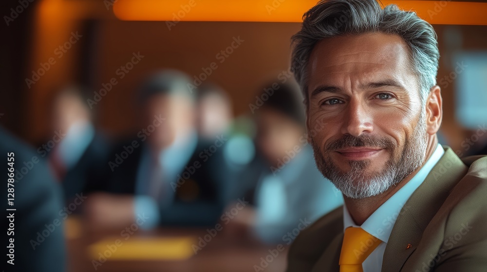 Poster man in a suit and tie is smiling at the camera. he is surrounded by other people, some of whom are a