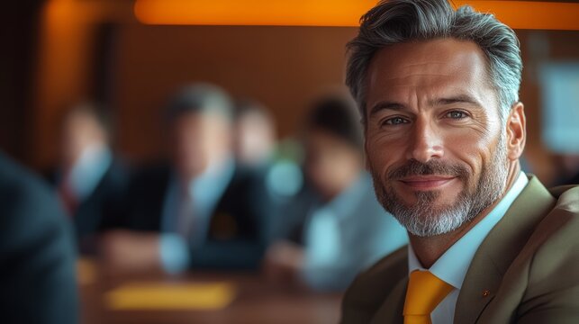 Man in a suit and tie is smiling at the camera. He is surrounded by other people, some of whom are also wearing suits. The scene appears to be a professional setting