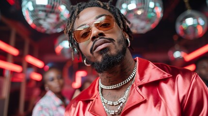 Young african male in stylish outfit at vibrant nightclub with disco balls