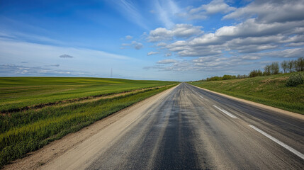 Fototapeta premium Wide road into distance, flanked by green fields and blue sky. High-definition, horizontal composition. Serene beauty.