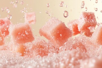 Fototapeta premium Cubes of pink sugar with bubbles and soft pink background