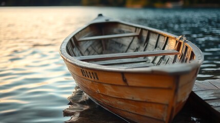 Obraz premium Small boat is sitting in the water with the sun setting in the background. The boat is yellow and has the letters 