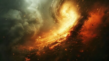 Ominous beauty of a tornado unfolds at sunset, dancing against a dramatic sky canvas