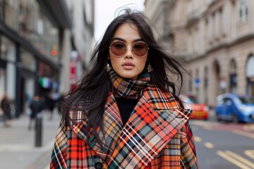 Fototapeta premium Stylish young asian female in plaid coat and sunglasses strolling city street