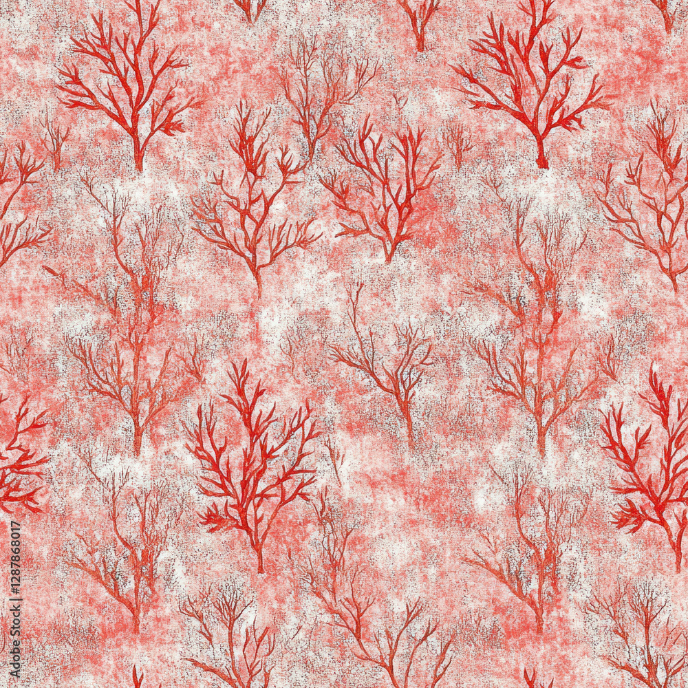 Poster red branches pattern. repeating motifs against a blurred watercolor effect background