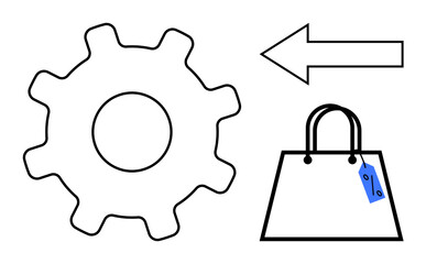 Gear, left-pointing arrow, and shopping bag with price tag. Ideal for e-commerce, shopping, process flow, business operations, logistics automation and efficiency. Simple abstract line flat