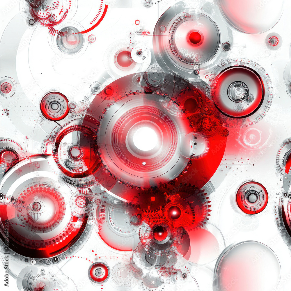 Poster red circles layered in abstract design; on white background, with translucent overlay effect