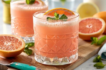Freshly squeezed grapefruit juice garnished with mint and orange slice in crystal glass